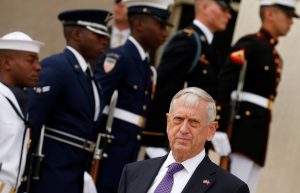 U.S. Defense Secretary Jim Mattis awaits the arrival of Vietnamese Defense Minister Gen. Ngo Xuan Lich at the Pentagon in Arlington, Virginia, U.S., August 8, 2017. REUTERS/Kevin Lamarque - RTS1AWCO