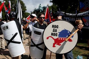 White supremacists stand behind their shields at a rally in Charlottesville, Virginia. Photo by Joshua Roberts/Reuters