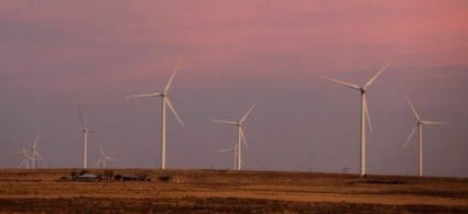 Wind turbines stand above the plains north of Amarillo, Texas