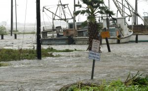 A sign warning against alligators is seen in a flooded street during Hurricane Harvey in Seadrift