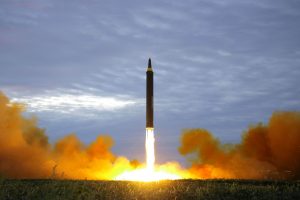 A missile is launched during a long and medium-range ballistic rocket launch drill in this undated photo released by North Korea's Korean Central News Agency in Pyongyang on Aug. 30. KCNA photo via Reuters