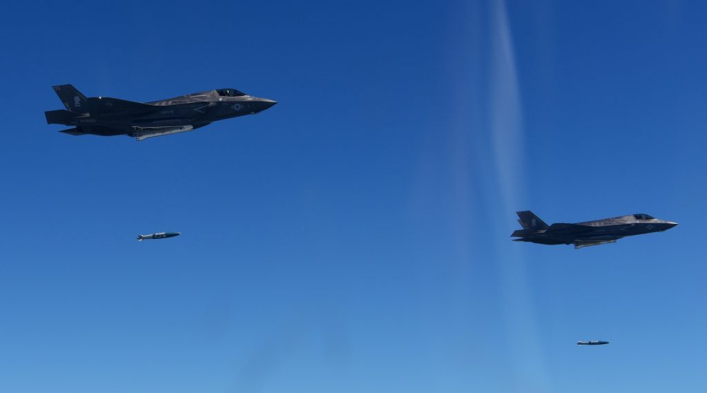 U.S. Marine Corps F-35B fighter jet drop GBU-32 JDAM as they fly over South Korea during a joint military drill with South...