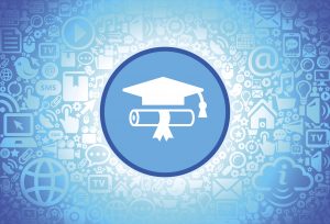Diploma and Hat Icon on Internet Technology Background