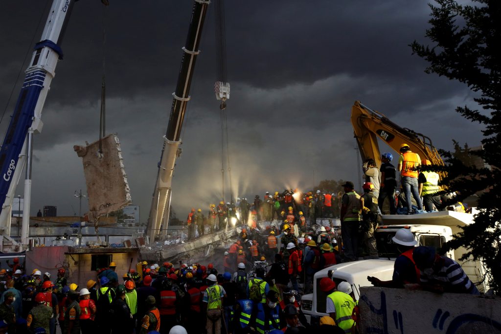 Rescue teams worked into the night in the Obrera neighborhood in Mexico City, Mexico on Sept. 20. Photo by Carlos Jasso/Re...