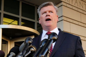 Kevin Downing, attorney for former Trump campaign manager Paul Manafort, speaks to reporters after a hearing to answer charges related to special counsel Robert Mueller's investigation into alleged Russian meddling in the 2016 U.S. presidential election, at the federal courthouse in Washington, U.S. October 30, 2017. REUTERS/Jonathan Ernst - RC13BA3BAB70