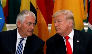 President Donald Trump and Secretary of State Rex Tillerson confer during a working lunch with African leaders during the U.N. General Assembly in New York. Photo by Kevin Lamarque/Reuters