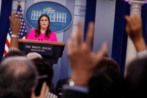 White House Press Secretary Sarah Huckabee Sanders holds the daily briefing at the White House in Washington, U.S., October 10, 2017. REUTERS/Jonathan Ernst - RC1B0D955D80