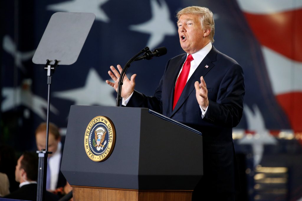 U.S. President Donald Trump speaks about tax reform in Harrisburg, Pennsylvania, U.S., October 11, 2017. REUTERS/Joshua Ro...