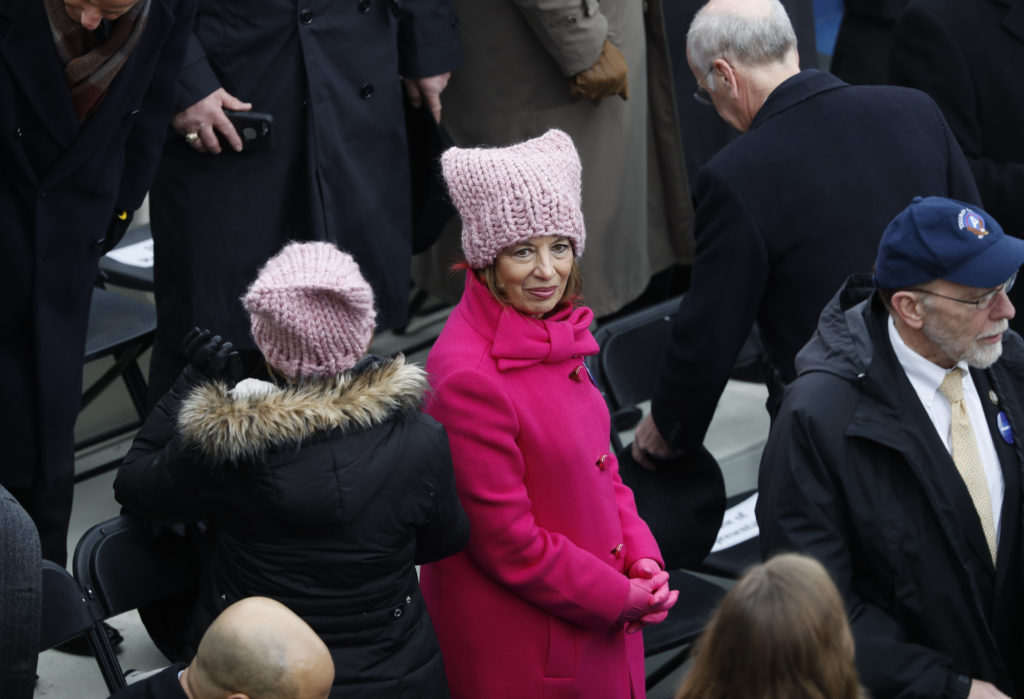 Rep. Jackie Speier, D-Calif., pictured wearing a pink protest hats prior to President Donald Trump's inauguration on Jan. ...