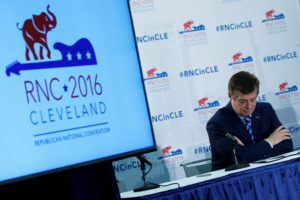 U.S. Republican presidential candidate Donald Trump's campaign chair and convention manager Paul Manafort appears at a press conference at the Republican Convention in Cleveland, U.S., July 19, 2016. REUTERS/Carlo Allegri/File Photo - S1AETWITVGAA