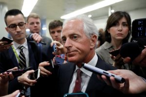 Sen. Bob Corker (R-TN) speaks to reporters in May about recent revelations of President Donald Trump sharing classified information with Russian officials on in Washington, D.C. Photo by Aaron P. Bernstein/Reuters