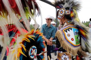 Canadian Prime Minister Trudeau meets indigenous dancers at the Calgary Stampede in Calgary