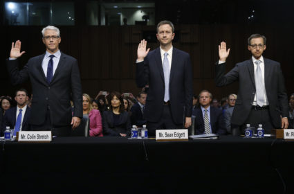 (L-R) Colin Stretch, general counsel for Facebook; Sean Edgett, acting general counsel for Twitter; and Richard Salgado, director of law enforcement and information security at Google, are sworn in prior to testifying before Senate Judiciary Crime and Terrorism Subcommittee hearing on on "ways to combat and reduce the amount of Russian propaganda and extremist content online," on Capitol Hill in Washington, U.S., October 31, 2017. REUTERS/Jonathan Ernst - HP1EDAV1GXF0A