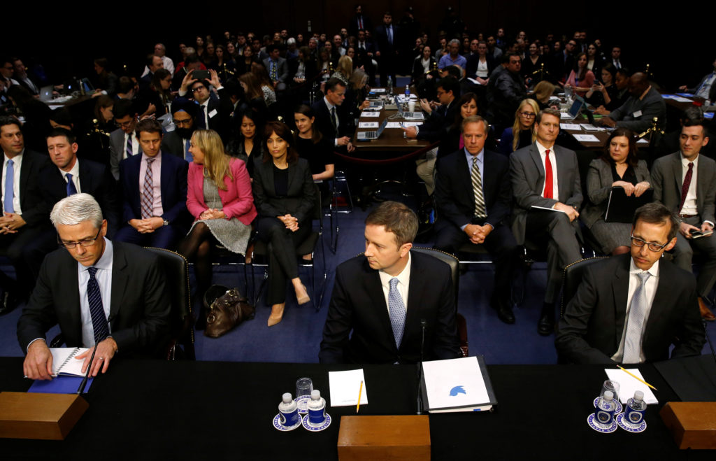(L-R) Facebook General Counsel Colin Stretch, Twitter's acting General Counsel Sean Edgett and Google's Director of Law En...