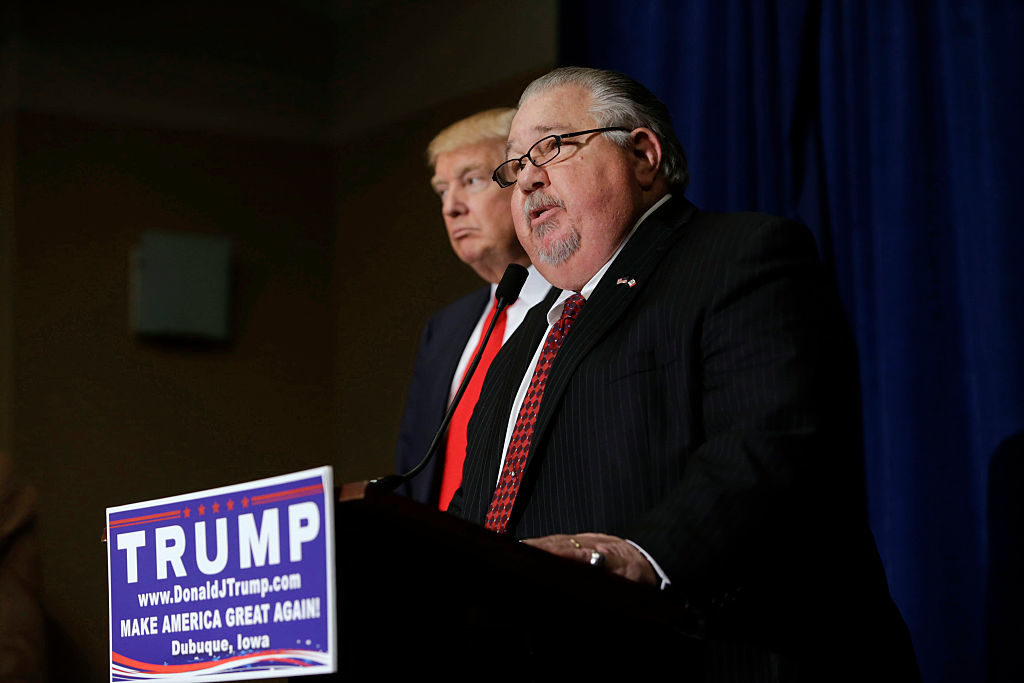 Sam Clovis, newly appointed national co-chairman of the Trump campaign, speaks during a news conference with Donald Trump,...