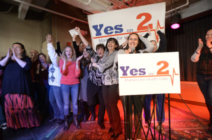 Jennie Pirkl campaign manager for "Yes on 2" announces victory on 2017 Election Day in Portland, Maine. Photo by Shawn Patrick Ouellette/Portland Press Herald via Getty Images