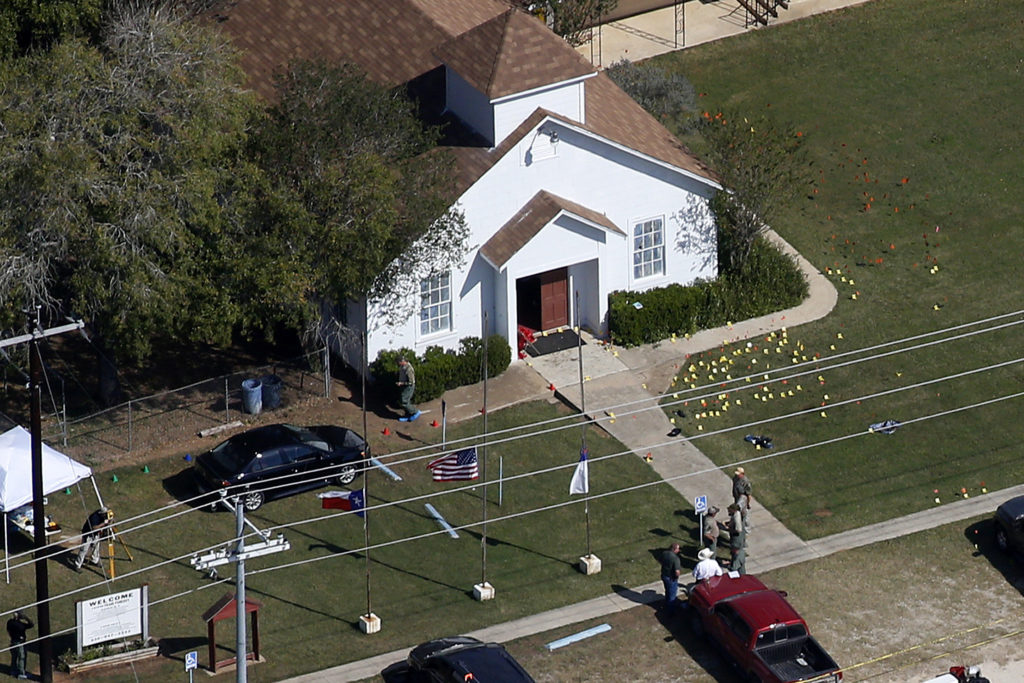 An aerial photo showing the site of a mass shooting at the First Baptist Church of Sutherland Springs, Texas, U.S., Novemb...