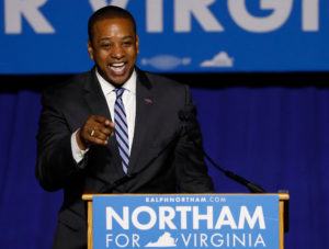 Lieutenant Gov. Elect Justin Fairfax speaks at Ralph Northam's election night victory rally on the campus of George Mason University in Fairfax, Virginia, in 2017. Photo by Aaron P. Bernstein/Reuters