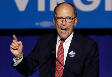 Democratic National Committee Chairman Tom Perez speaks at Ralph Northam's election night rally on the campus of George Mason University in Fairfax, Virginia, November 7, 2017. REUTERS/Aaron P. Bernstein - HP1EDB80BPO1W