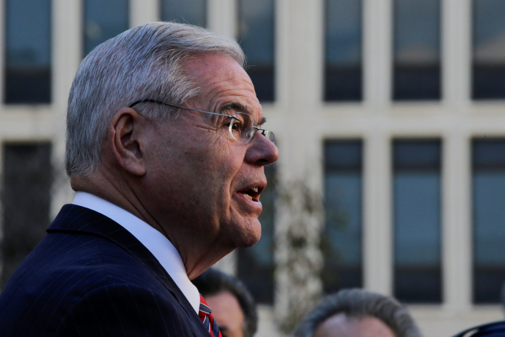 U.S. Senator Robert Menendez (D-NJ) speaks to media as he departs the United States Court after his corruption trial ended...