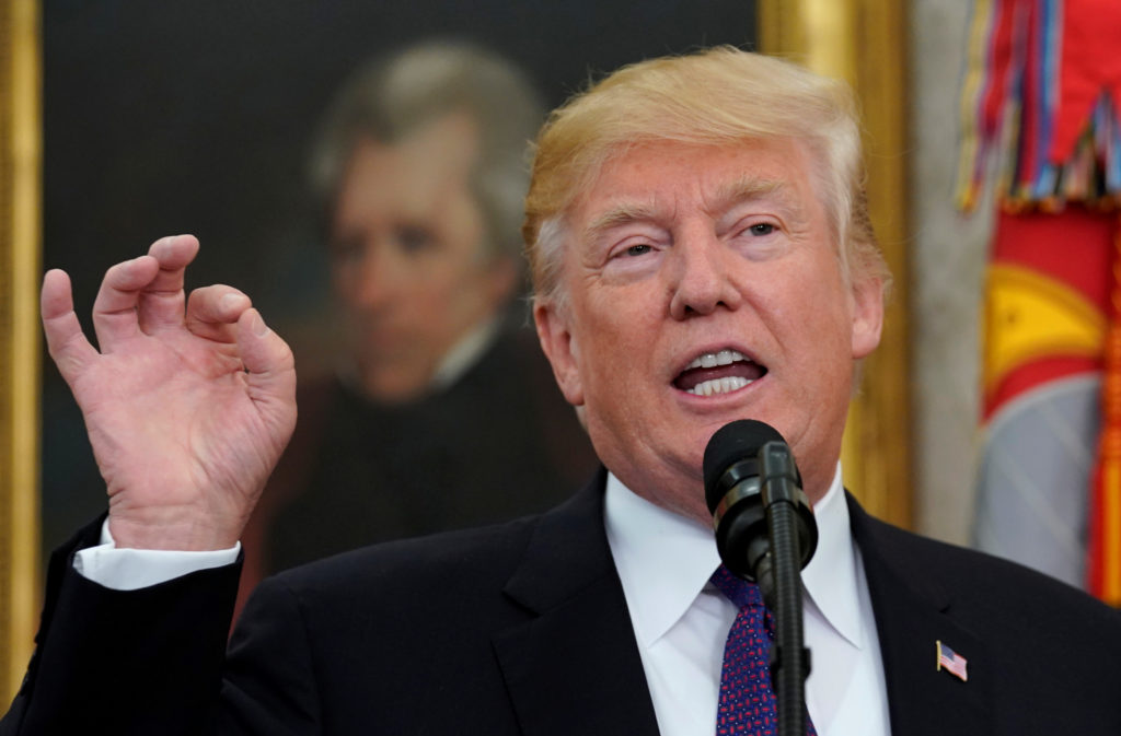U.S. President Donald Trump gestures as he speaks about tax legislation at the White House in Washington, U.S., November 2...