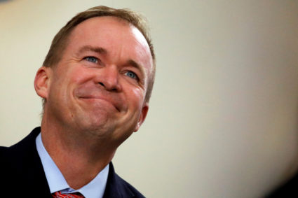 FILE PHOTO: Office of Management and Budget Director Mick Mulvaney attends the daily briefing at the White House in Washington, U.S., July 20, 2017. REUTERS/Carlos Barria/File Photo - RC18B3CC41F0