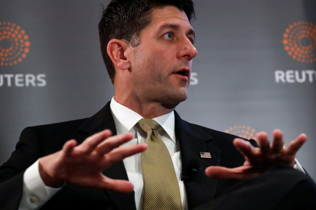 U.S. House Speaker Paul Ryan (R-WI) participates in an onstage interview about tax policy with Thomson Reuters Editor in C...