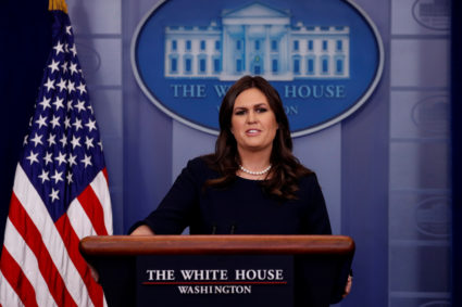 White House Press Secretary Sarah Huckabee Sanders holds the daily briefing at the White House in Washington, U.S. October 18, 2017. REUTERS/Jonathan Ernst - RC15DC6DF560