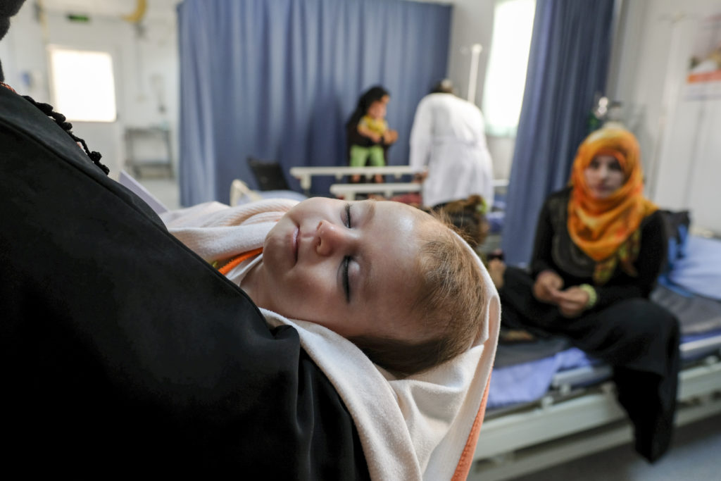 Baby fatima 2 and a half months old UNICEF funded hospital Azraq Syrian refugee camp Jordan