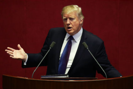 SEOUL, SOUTH KOREA - NOVEMBER 08: U.S. President Donald Trump speaks at the National Assembly on November 8, 2017 in Seoul, South Korea. Trump is in South Korea as a part of his Asian tour. (Photo by Chung Sung-Jun/Getty Images)