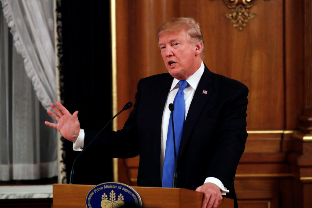 Japan's Prime Minister Shinzo Abe hosts an official dinner for U.S. President Donald Trump at Akasaka Palace in Tokyo, Jap...