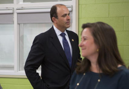 Republican David Yancey and Democrat Shelly Simonds attend a "take your legislator to school day" Tuesday, Nov. 28 at Heritage High School in Newport News, Va. Photo by Julia Rendleman for The Washington Post via Getty Images