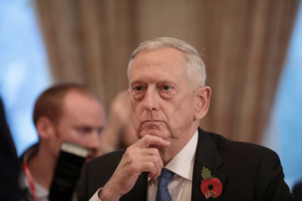 U.S. Secretary for Defense, Jim Mattis, sits opposite Britain's Secretary of State for Defence, Gavin Williamson, before a meeting at the Ministry of Defence (MoD) in central London, Britain November 10, 2017. REUTERS/Simon Dawson - RC1A8163C750