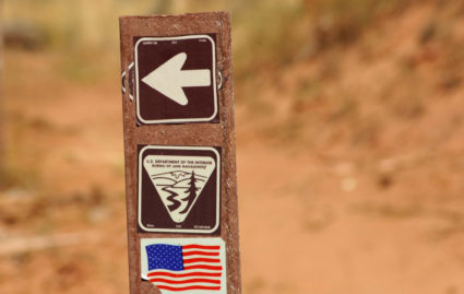 U.S. Department of the Interior Bureau of Land Management trail marker is shown along the Arch Canyon trail in Bears Ears National Monument, New Mexico, U.S., October 27, 2017. REUTERS/Andrew Cullen