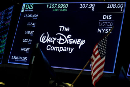 A screen shows the logo and a ticker symbol for The Walt Disney Company on the floor of the New York Stock Exchange (NYSE) in New York, U.S., December 14, 2017. REUTERS/Brendan McDermid