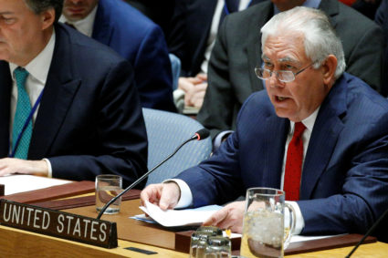U.S. Secretary of State Rex Tillerson speaks during the United Nations Security Council meeting on North Korea's nuclear program at U.N. headquarters in New York City, New York, U.S., December 15, 2017. REUTERS/Brendan McDermid - RC1496DE3AC0