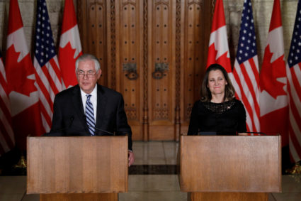 U.S. Secretary of State Rex Tillerson and Canada's Foreign Minister Chrystia Freeland take part in a news conference on Parliament Hill in Ottawa, Ontario, Canada, on Dec. 19. Photo by Blair Gable/Reuters