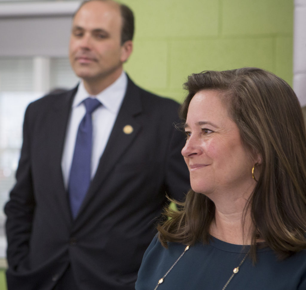 Republican Del. David Yancey and his Democrat challenger Shelly Simonds attend a "take your legislator to school day" on N...