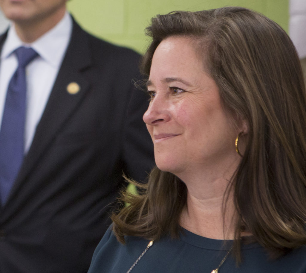 Republican Del. David Yancey and his Democrat challenger Shelly Simonds attend a "take your legislator to school day" on N...