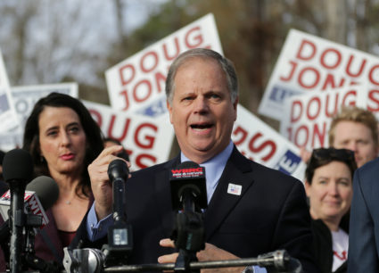Democratic Alabama U.S. Senate candidate Doug Jones speaks with the media after casting his vote at Brookwood Baptist Church in Mountain Brook, Alabama, U.S. December 12, 2017. Photo by Marvin Gentry/REUTERS