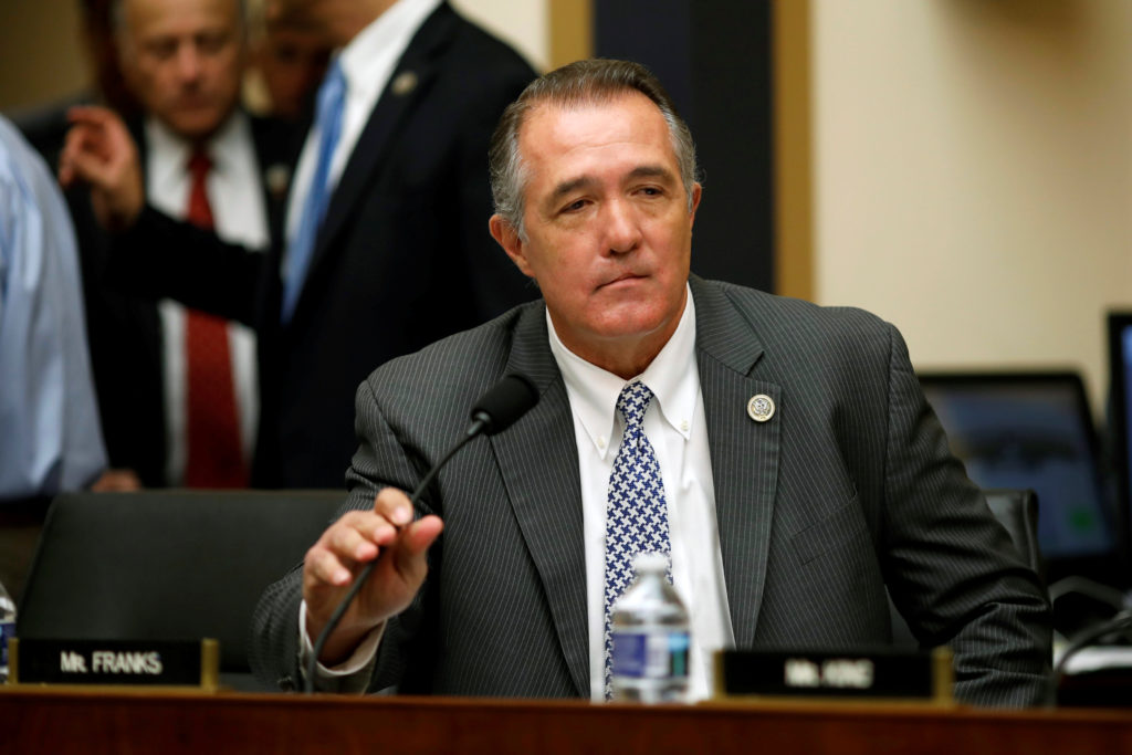 Rep. Trent Franks (R-AZ) arrives ahead of FBI Director Christopher Wray testifying before a House Judiciary Committee hear...