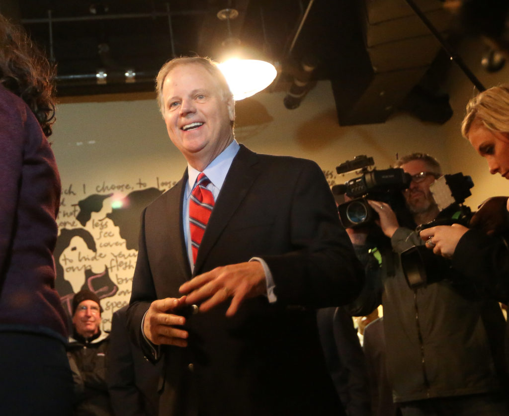 Democratic Alabama U.S. Senate candidate Doug Jones arrives to vote at Brookwood Baptist Church in Mountain Brook, Alabama...