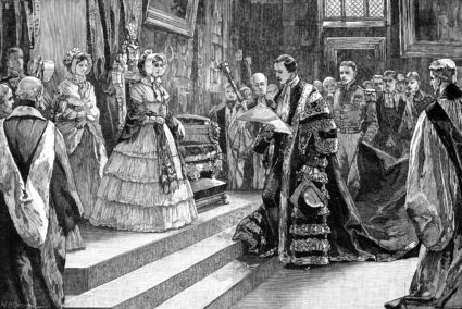 Presentation to the Queen, c1850s, (1900). Prince Albert, who was Chancellor of Cambridge University from 1847 until his death in 1861, presenting an address to his wife, Queen Victoria. Illustration from The life and times of Queen Victoria by Robert Wilson, (1900). (Photo by The Print Collector/Print Collector/Getty Images)