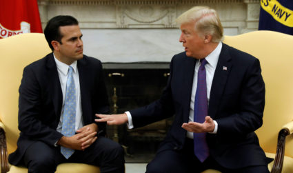 U.S. President Donald Trump meets with Puerto Rico Governor Ricardo Rossello in the Oval Office of the White House in Washington, U.S., October 19, 2017. REUTERS/Kevin Lamarque - RC158B217710