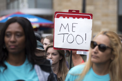 Protesters attend a Me Too rally to denounce sexual harassment and assaults of women in Los Angeles, California on November 12, 2017. The rally is inspired by a social media campaign #MeToo which become viral following the allegations of sexual misconduct and rape by Hollywood producer Harvey Weinstein. (Photo by: Ronen Tivony) (Photo by Ronen Tivony/NurPhoto via Getty Images)
