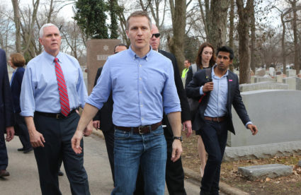 Vice President Mike Pence and Missouri Gov. Eric Greitens walk through the Chesed Shel Emeth Cemetery in University City, Mo., on Wednesday, Feb. 22, 2017. Photo by J.B. Forbes/St. Louis Post-Dispatch/TNS via Getty Images