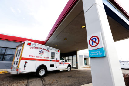 An ambulance enters the emergency room entrance area at the Adena Regional Medical Center in Chillicothe, Ohio, U.S. November 30, 2016. REUTERS/Paul Vernon