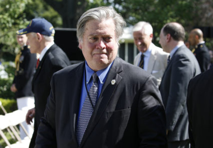 White House Chief Strategist Steven Bannon departs the Rose Garden after U.S. President Donald Trump announced his decision to withdraw from the Paris Climate Agreement, at the White House in Washington, U.S., June 1, 2017. REUTERS/Joshua Roberts - HP1ED611LNQ2Q