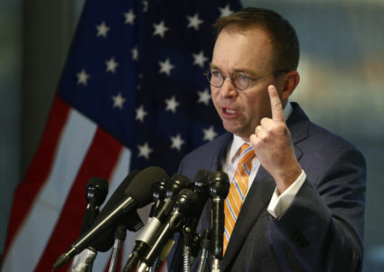 Office of Management and Budget (OMB) Director Mick Mulvaney speaks to the media at the Consumer Financial Protection Bureau (CFPB) in November, where he began work earlier in the day after being named acting director by President Donald Trump in Washington, D.C. Photo by Joshua Roberts/Reuters