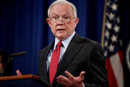 Attorney General Jeff Sessions speaks during a news conference to discuss "efforts to reduce violent crime" at the Department of Justice in Washington, D.C. Photo by Joshua Roberts/Reuters